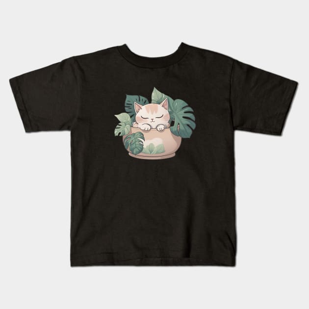 Cute Sleeping Kawaii Cat in Plant Pot Kids T-Shirt by LisaHartjesx